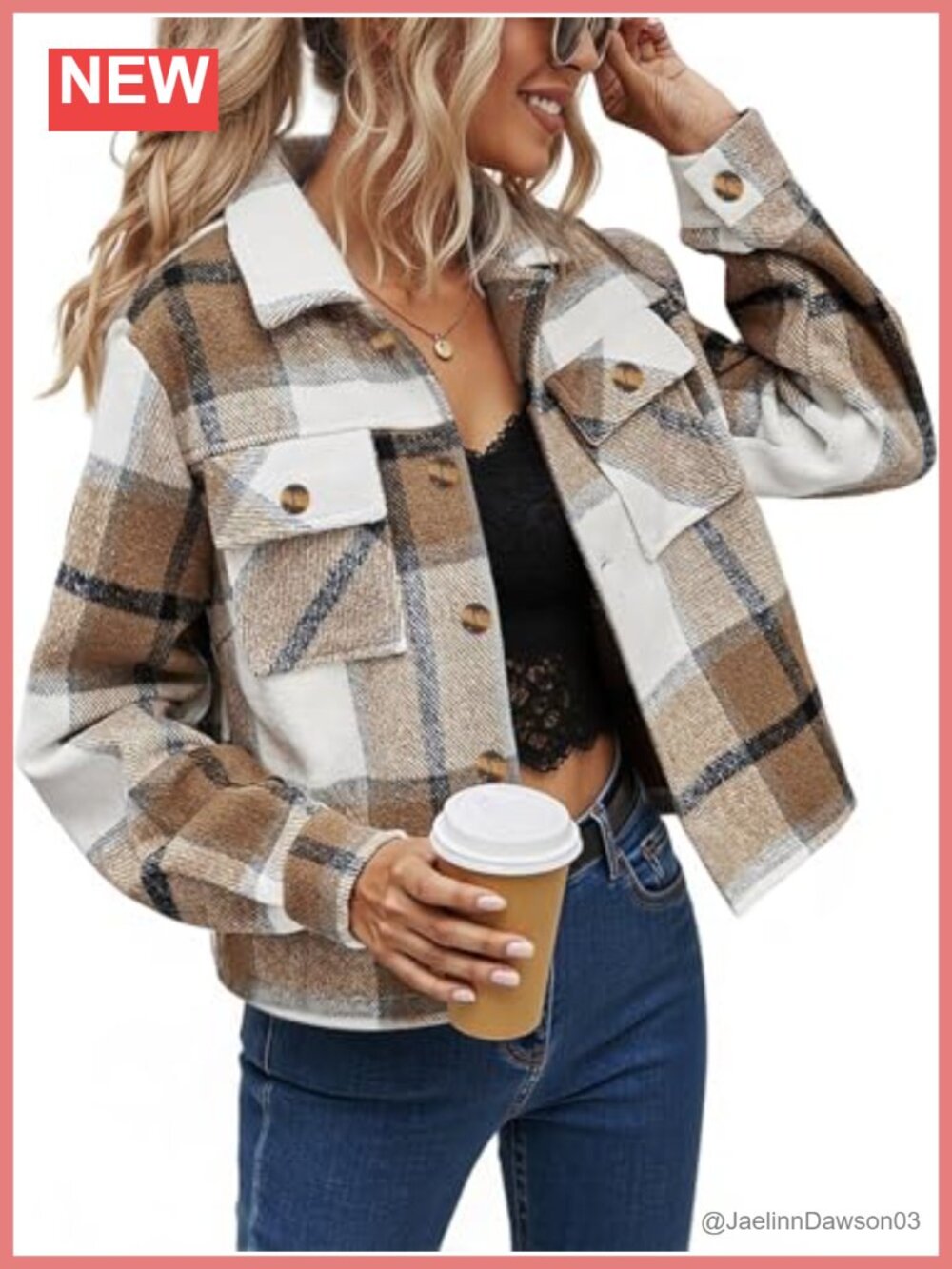Womens Cropped Plaid Shacket Jacket Long Sleeve Button Down Shirt
